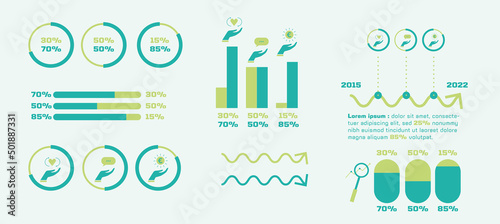 Set infographique : éléments de data visualisation, schémas, chiffres avec des pictogrammes. Ressources graphiques infographiques photo