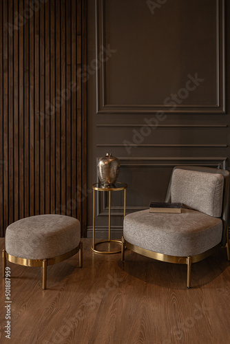 chic modern design of a dark expensive interior of a luxurious cozy apartment