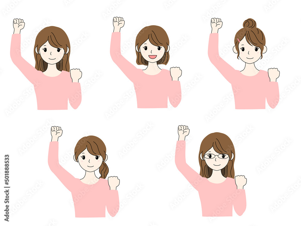 笑顔でガッツポーズをしている可愛い女性のイラストー片手 笑顔でガッツポーズをしている可愛い女性のイラストー片手