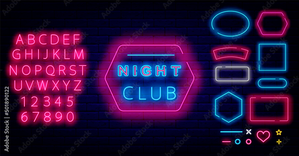 Night club neon emblem. Shiny frames collection on brick wall. Bright pink alphabet. Vector stock illustration Night club neon emblem. Shiny frames collection on brick wall. Bright pink alphabet. Vector stock illustration