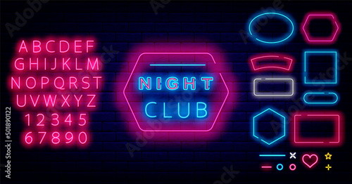 Night club neon emblem. Shiny frames collection on brick wall. Bright pink alphabet. Vector stock illustration