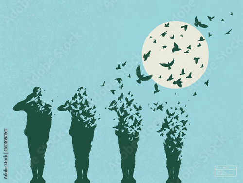 Army of soldiers. Death on battlefield. Death, afterlife. Flying birds