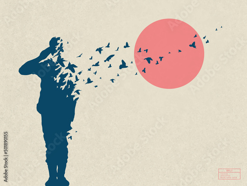 Soldier salutes. Dying man silhouette on war. Afterlife. Flying birds