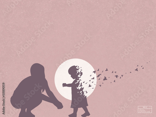 Mother and dying baby. Child silhouette and birds. Death and afterlife