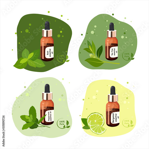 Set with essential oils of basil, tea tree, bergamot and pepermint hand drawn
