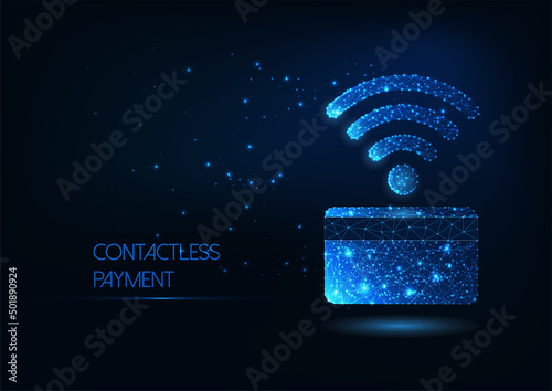 Futuristic contactless payment concept with glowing low polygonal credit card and wi fi symbol 