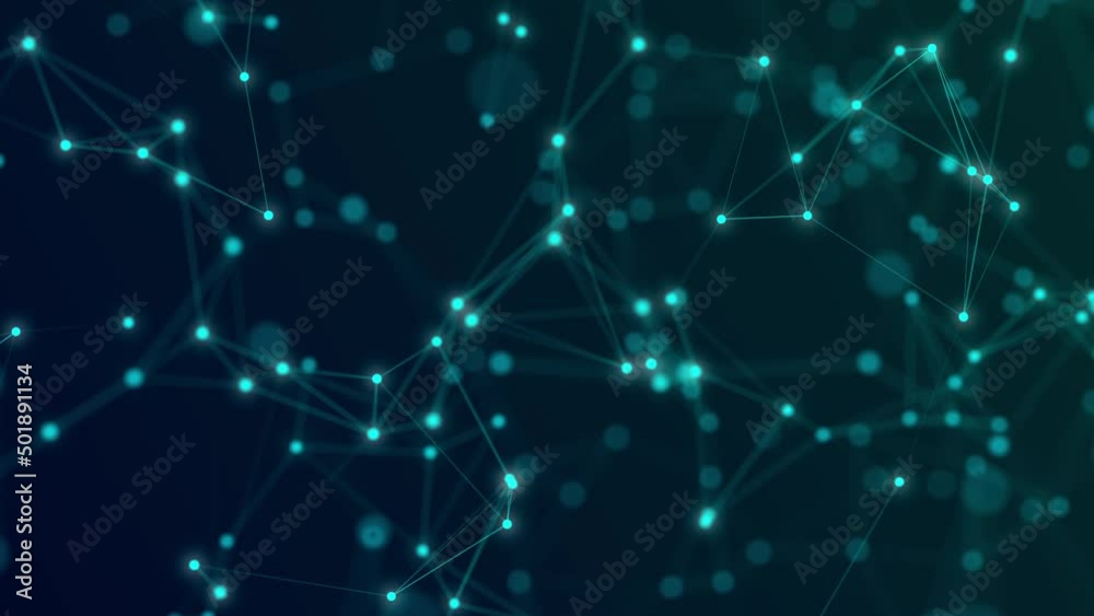 4K digital connection abstract animation dots and lines on blue background. 5G network connection structure technology background.