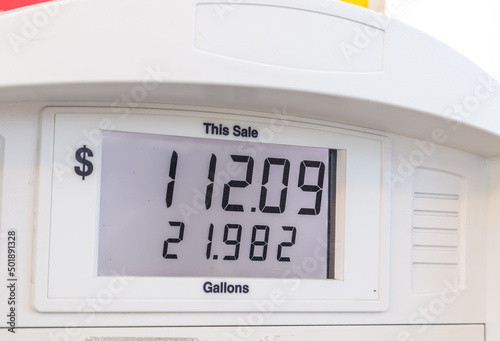 Pay at the pump gas price registering at more than five dollars per gallon at a local filling station in Montgomery. Alabama.