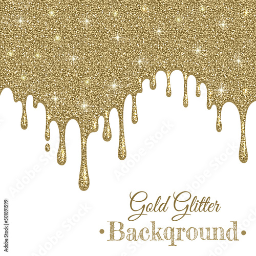 Gold glitter. Gold paint drips on a white background. Dripping liquid. The paint flows. Flowing paint, streaks. Templates for design, banner, creativity.