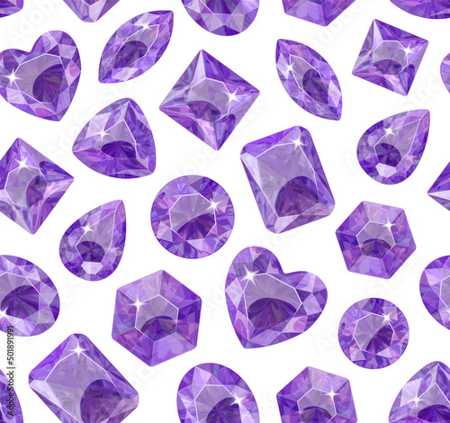 Pattern of purple crystals on a white background. Stones of various shapes. Jewelry.