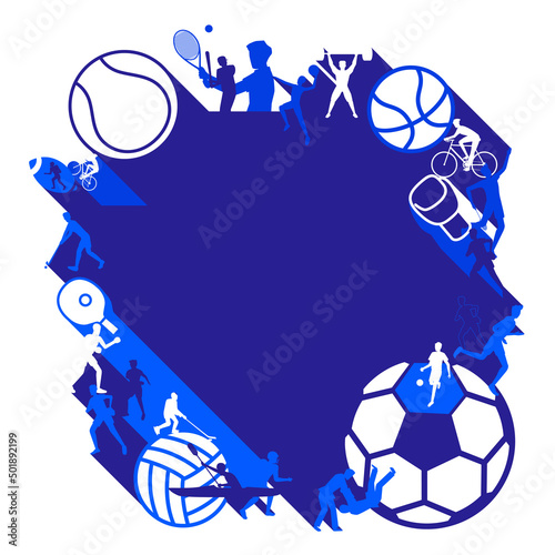 Vector illustration of sports background design with sport players in different activities and space blank for text. football, hockey, volleyball, running, rugby, badminton, skiing, sailing yacht