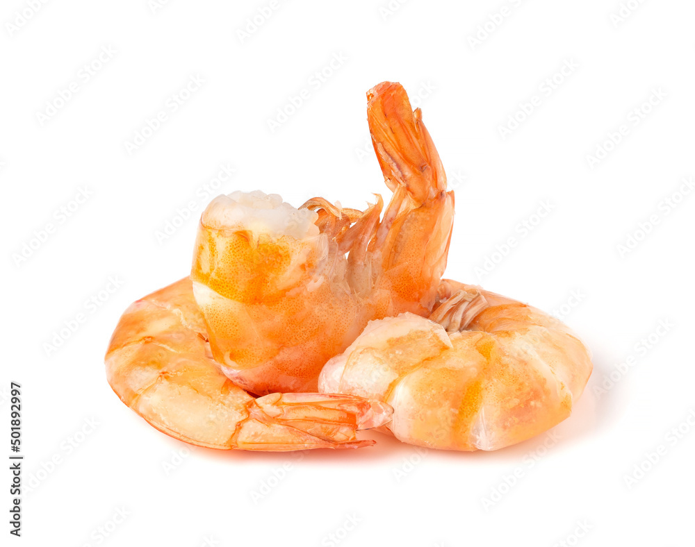 Boiled shrimp on a white background.