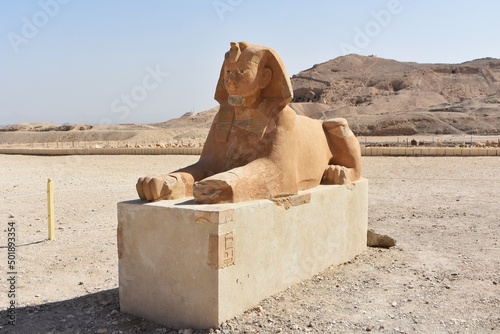 Sphinx Statue at the entrance of the Hatshepsut Temple in Luxor, Egypt.