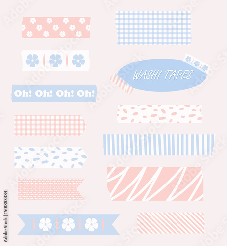 Cute washi tape strips of different size and style. Vector elements set for scrapbooking and decoration.