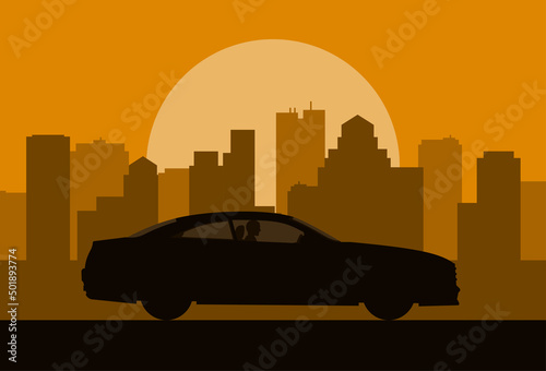 The silhouette of the car on the background of the city. Man driving a car at sunset vector illustration.