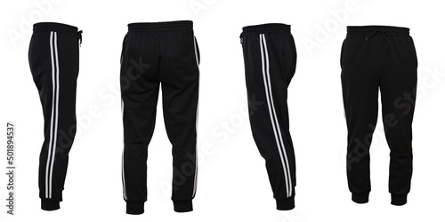 側面に2本の白いラインがある黒いトラックパンツ