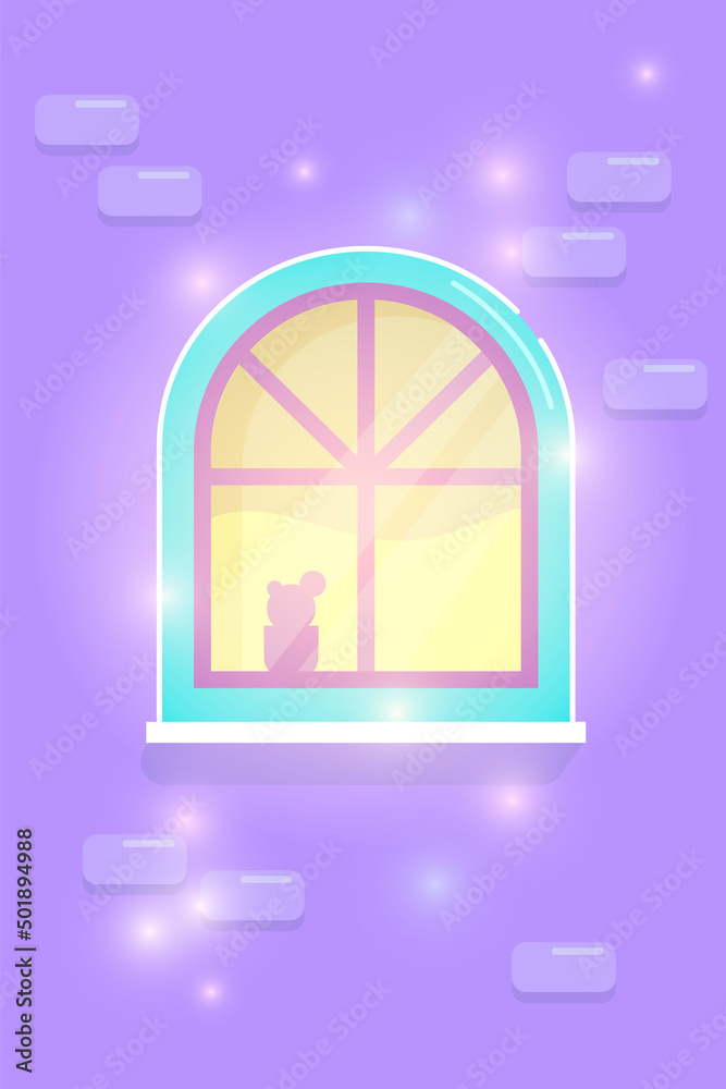 Arched glowing window on a brick wall. Vector illustration