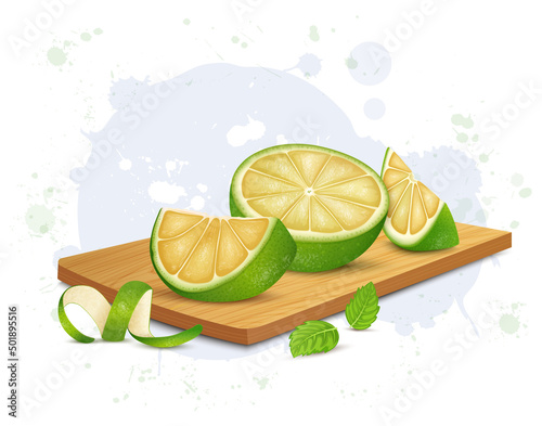 Half Piece of Sweet lemon fruit vector illustration with fruit slices on wooden chopping board