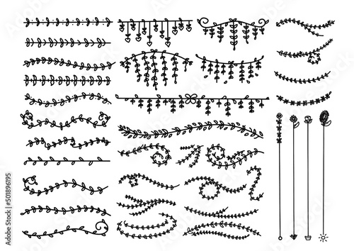 Set of hand draw doodle vine and flower elements