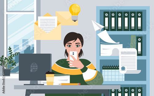 A young girl sits at a table with a phone in her hand and uses it for office work. Concept of office professions: manager, secretary, administrator or executive assistant. Flat vector illustration