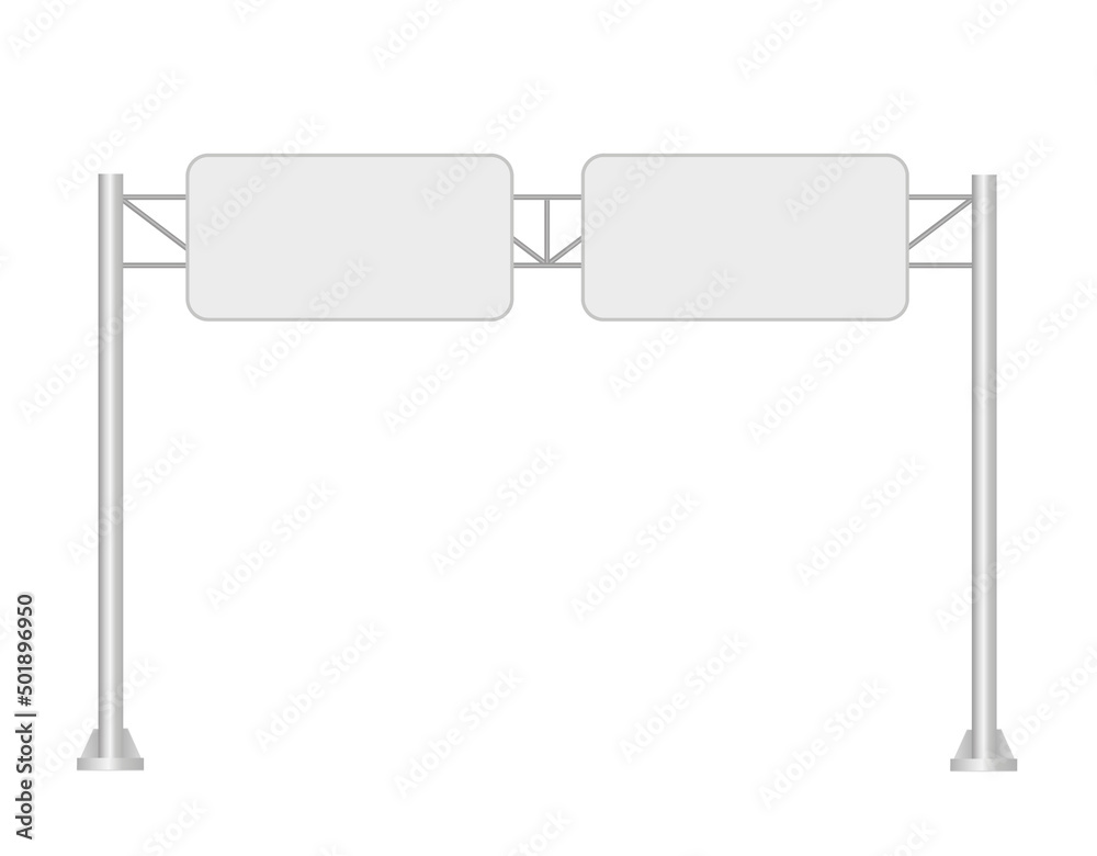 Empty road Billboards on high metal construction on two pillars. Highway signs Mockup. Two White banners for urban design and outdoor advertising. Vector realistic template. Front view. Empty road Billboards on high metal construction on two pillars. Highway signs Mockup. Two White banners for urban design and outdoor advertising. Vector realistic template. Front view.