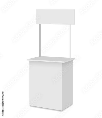 White exhibition booth. Mobile counter for promotion. Stand Mockup for retail trade, advertising, pos, poi. Vector realistic Mockup. Blank template.