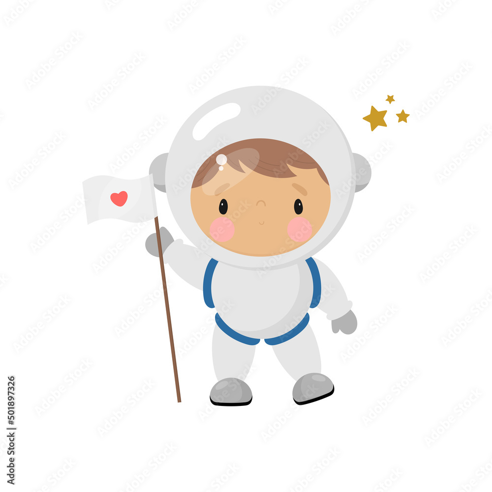 Cute Cosmonaut. Cartoon style. Vector illustration. For card, posters, banners, children books, printing on the pack, printing on clothes, fabric, wallpaper, textile or dishes.
