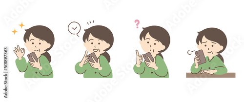 スマホを持つ女性のシンプルなイラストセット_C03【束ねた髪】