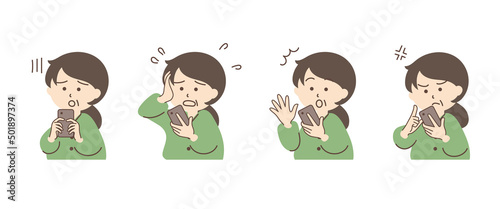 スマホを持つ女性のシンプルなイラストセット_C04【束ねた髪】