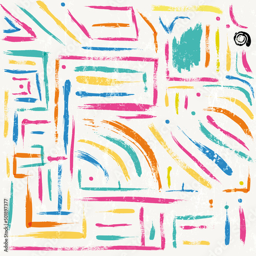 abstract geometric background pattern, with lines, dots, paint strokes and splashes