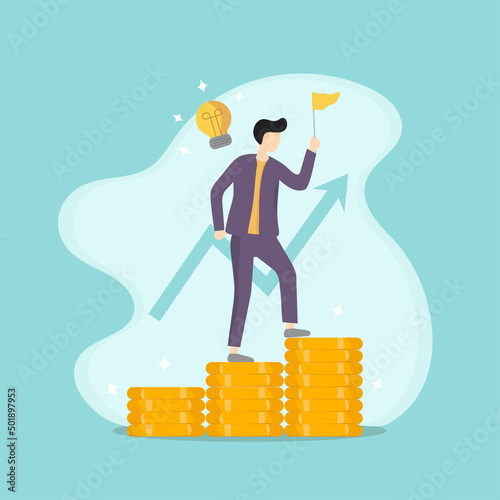 vector illustration man going up the stairs to pick up the trophy of success. Success. Action. target. 