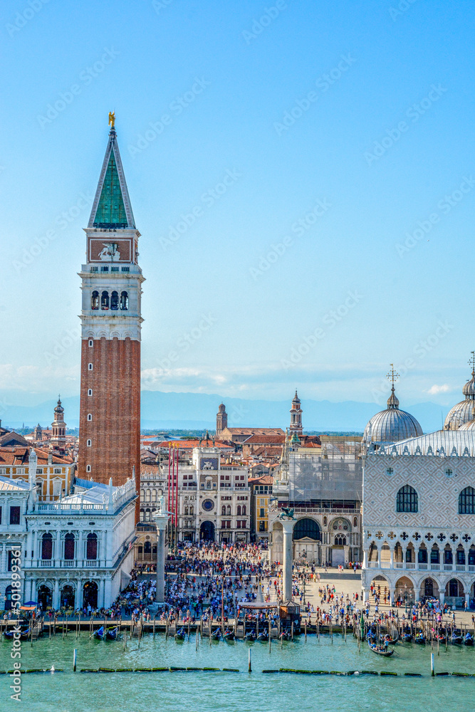 View from the Grand Canal of St Mark's Basilica, Campanile San Marco, Piazza San Marco Square and the Doges Palace in Venice, Italy