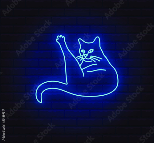 Bright shihing neon cat sign. Editable color and brightness. Vector.