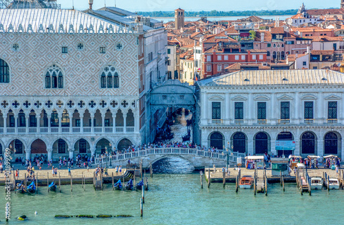 Panoramic view of Doges palace, Bridge of Sighs and Prison, Palazzo Ducale, Ponte dei Sospiri & Palazzo delle Prigioni venice, Italy.