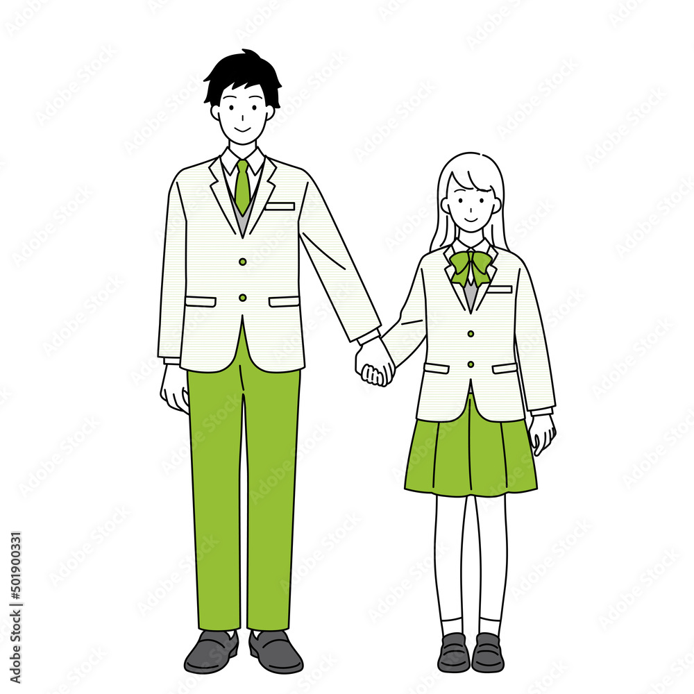 Full-body illustration of a student couple holding hands. Full-body illustration of a student couple holding hands.