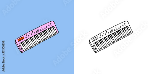 Synthesizer or electronic piano. Musical keyboard instrument. Hand drawn sketch in vintage doodle style.