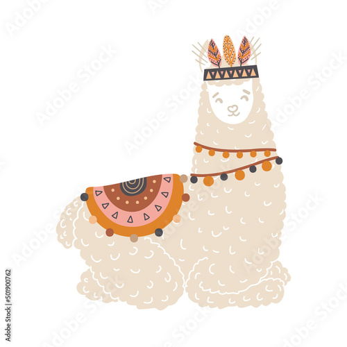 Vector illustration of a cute cartoon llama alpaca with saddlery, and feathers. Kids print for fabric, t-shirts, posters, cards, invitations, cases, patterns, patch and stickers, cover, and packaging.