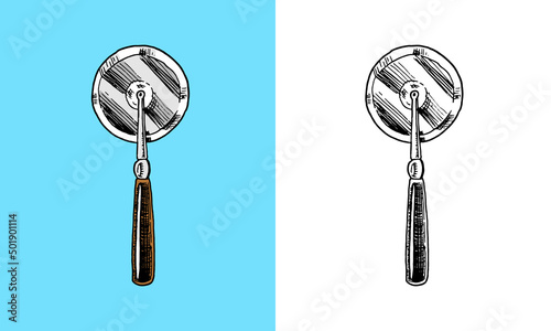 Bicycle pizza cutter. Food tool. Hand drawn sketch in vintage doodle style.