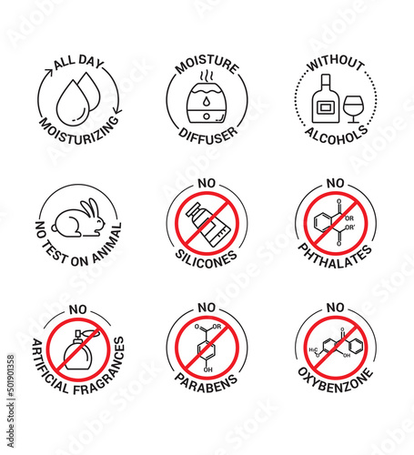 Beauty Skin Care Facial Cosmetic product editable line stroke vector icon set. Stamp Badge label. Parabens free, without Alcohols, moisture, no silicones, oxybenzone