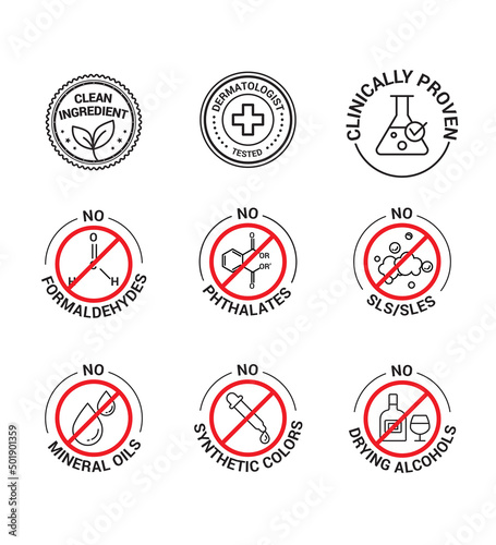 Cosmetics beauty product vector icon set, badge editable line art style illustration. Organic clean natural, alcohol free. No mineral oil, SLS, SLES, Synthetic color, clinical proven.