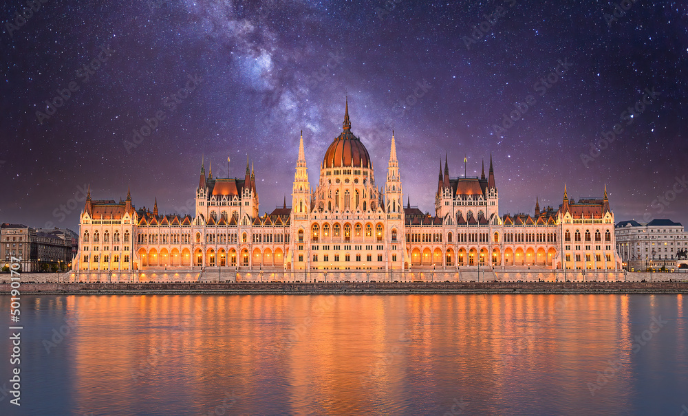 Hungarian Parliament building at night in Budapest, Hungary