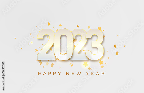 Happy New 2023 Year. Christmas vector illustration of metallic numbers 2023 and sparkling golden glitters pattern. Realistic 3d flat sign. Happy New poster or banner design