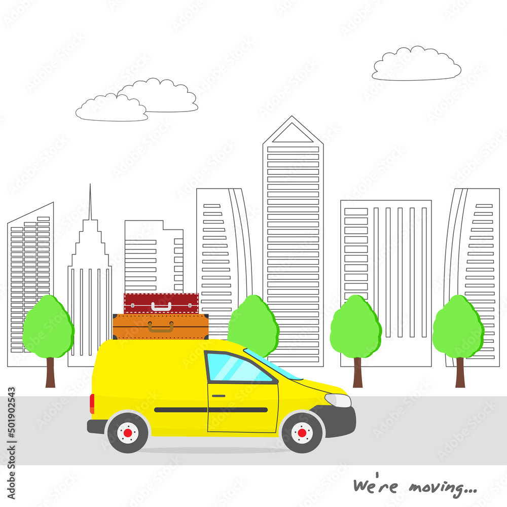 Yellow MiniVan carrying suitcases. Relocation, moving concept.  Transportation and home removal. Van with cargo moving on the silhouette of the city. We're moving.  Vector illustration EPS10.