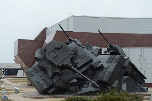 The sculptural composition Tank battle at Prokhorovka — Taran. Located Near a museum commemorating the battle. photo