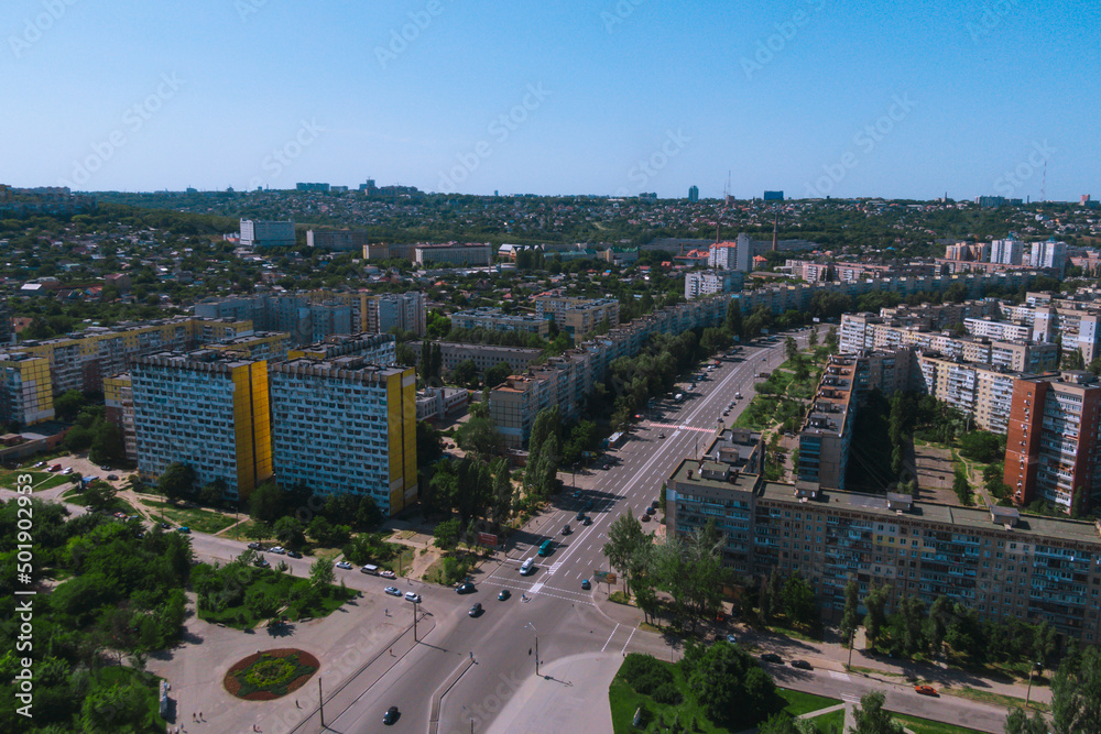 Dnipro, Ukraine. View of the residential area Pobeda Dnepr. Top view from a great height. Panoramic view of the city.