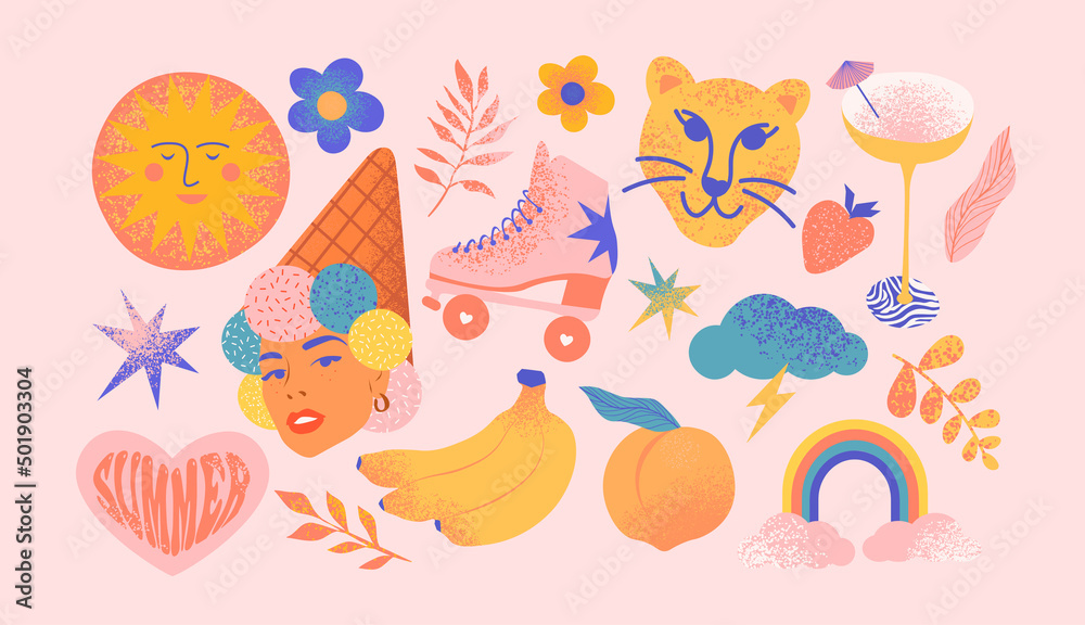 Set of trendy  icons on isolated background. Big summer collection, childish cartoon style. Includes bananas, peach, roller-scater, clouds, rainbow, tiger, ice-cream, flowers, stars, branches, sun