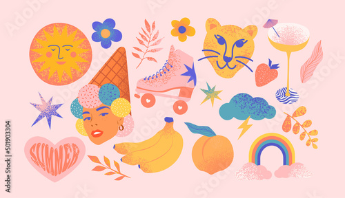 Set of trendy icons on isolated background. Big summer collection, childish cartoon style. Includes bananas, peach, roller-scater, clouds, rainbow, tiger, ice-cream, flowers, stars, branches, sun