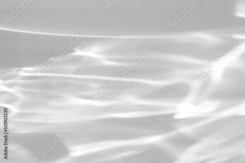 Blurred water texture overlay effect for photo and mockups. Organic drop diagonal shadow and light caustic effect on a white wall. Shadows for natural light effects