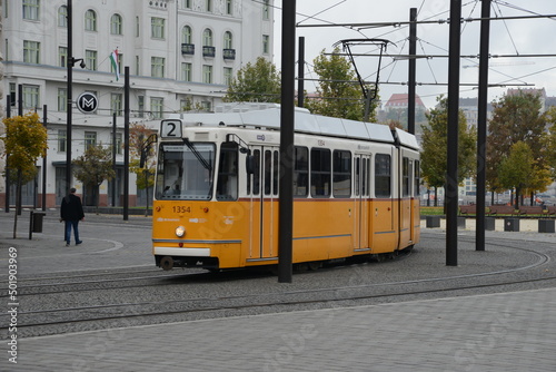 tramway jaune dans les rues de budapest
