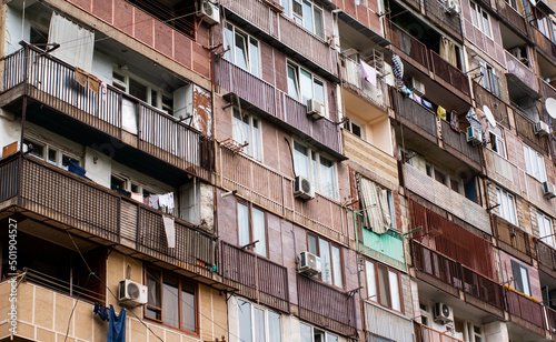 Facade of a modular ghetto dilapidated building